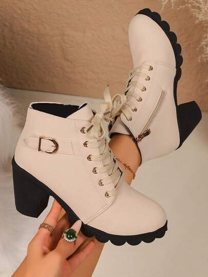 Elegant Boots, Lace-Up Chunky Heel Boots With Decorative Buckle, Perfect To Pair With Skirts And Pants
