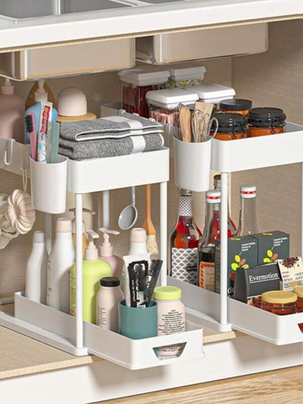 Doppellagiger Schrankkörb mit Haken, robuster Kunststoff Badezimmer Aufbewahrungskorb für Unterschrank Lagerung, platzsparender Küchen- und Badezimmer Schrank Mehrzweckschublade, stilvolle und platzsparende Lösung.