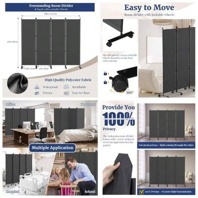 4 Panel Room Divider, 6FT Tall Rolling Privacy Screen With Lockable Wheels, Folding Wall Dividers Portable Room Divider Room Separation, Included - Co