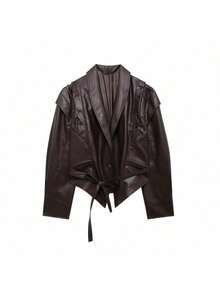 DEEKA 秋冬新款女士休闲时尚翻领腰带米色复古夹克短款皮衣 - 棕1 - 查看 1