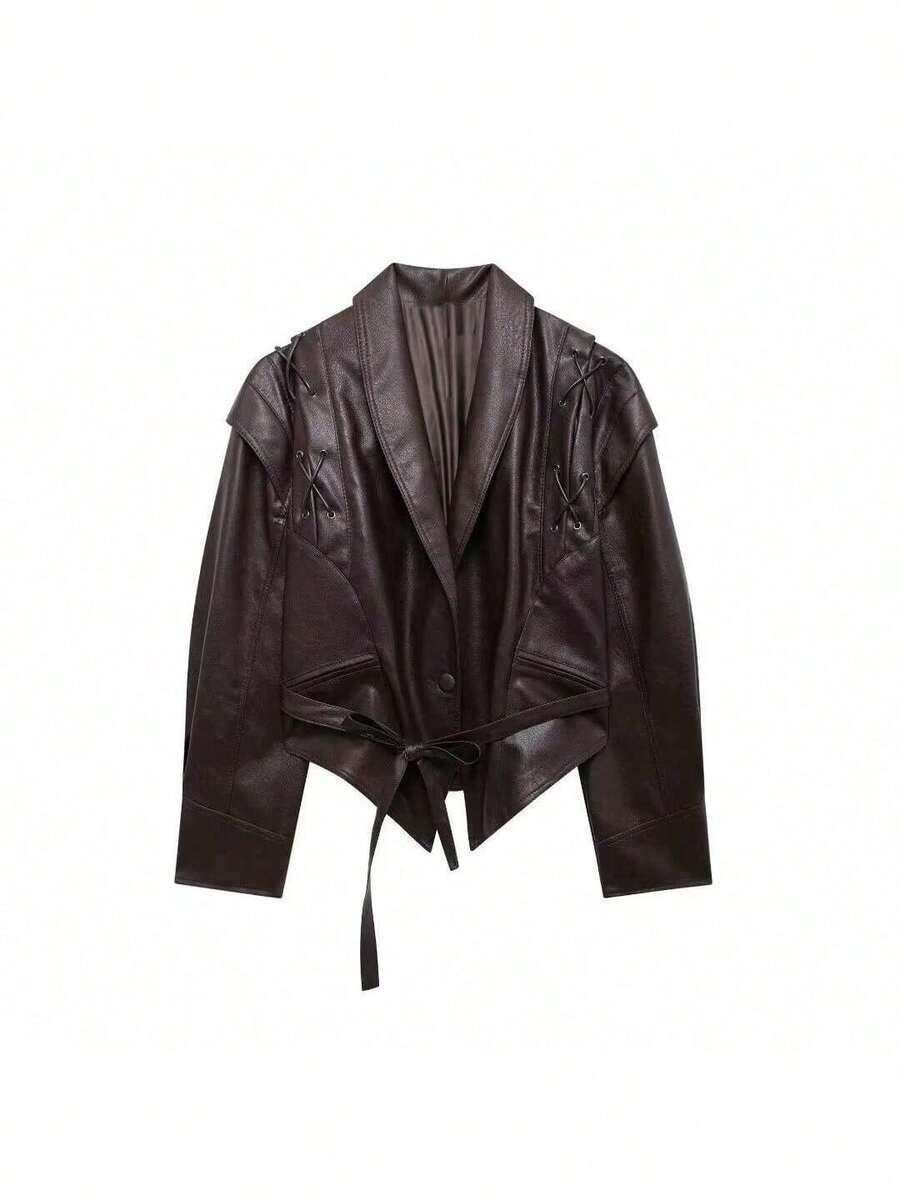 DEEKA 秋冬新款女士休闲时尚翻领腰带米色复古夹克短款皮衣 - 棕1 - 查看 1