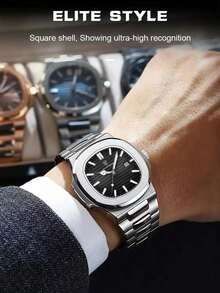 ROMITIME Luxury Men's Business Wristwatch, Stainless Steel Quartz Movement, Waterproof, Date Display And Luminous Function, Square Dial, Comes With Gift Box, Father's Day Gift - Silver - View 2