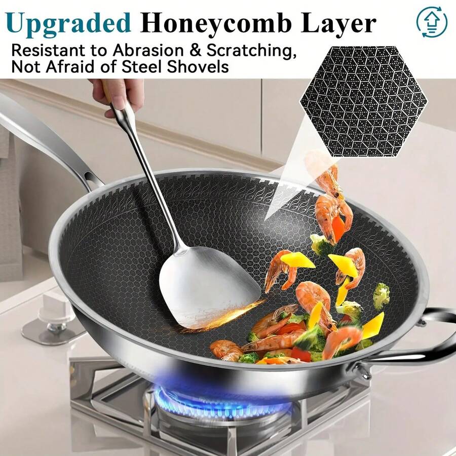 13.3 Inch Stainless Steel Nonstick Wok With Stay-Cool Handle & Induction Ready - Dishwasher , Compatible With All Cooktops (Gas, Electric, Induction), Even Heat Distribution, Durable 316 Stainless Steel Construction For Stir-Fry, Searing, Frying - Easy-Clean Surface & Scratch-Resistant Coating-Free Design, Chef Apron For Men, Wok Pan With Lid, Pan For Cooking, Commercial Wok, Wok Non Stick, Chinese Wok, Frying Pan, Big Wok Non Stick, Deep Skillet With Lid, Chef Tool, Large Wok - 銀色 - 查看 1