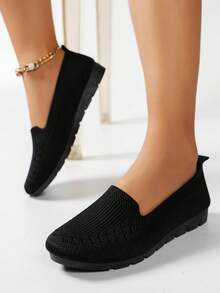 秋冬黑色休闲平底舒适一脚蹬针织透气乐福鞋，软底柔软面料工作鞋，适合孕妇、妈妈、舞蹈/芭蕾，加大码
