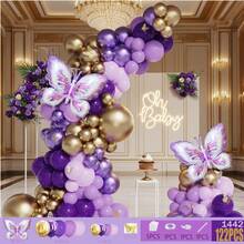 122 balões de látex roxo e dourado, balões metalizados de borboleta e decorações de borboleta, adequados para aniversário, casamento, chá de panela, formatura, aniversário, batizado, verão, festa temática, cenário, decoração de casa, dia dos namorados
