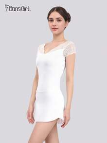 DonsGirl 1pc Women V-Neck Lace Short Sleeve Leotard, Ballet/Contemporary Dance/Classical Dance/Yoga/Gymnastics Jumpsuit - 白色 - 查看 11