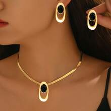 Bộ trang sức 3 chiếc vòng cổ + hoa tai sáng tạo thanh lịch, vòng cổ mặt dây chuyền vàng hình bầu dục bất đối xứng bằng kim loại thời trang cá nhân hóa với thiết kế khối màu Acrylic đen, đa năng cho hàng ngày, lễ hội, tiệc tùng - vàng - Xem 5