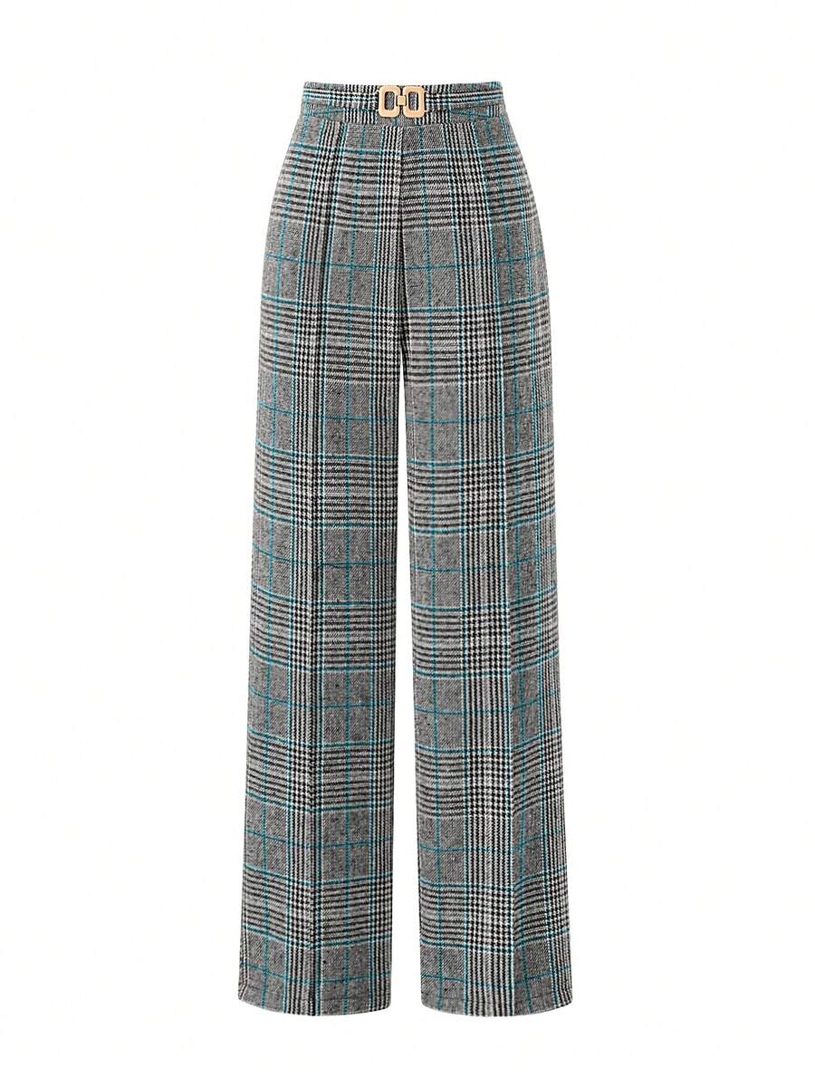 EARO French Retro Design High-End Fashion Casual Plaid Women's Pants, Solid Color Elegant Fitted Slim Comfortable Wool Blend Casual Suit Pants For Autumn/Winter - 藍色 - 查看 1