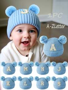 1pc Cute 26 Letter Kids Hat, Unisex Baby Knitted Beanie, Warm Winter Outdoor Cap - Blue - View 1