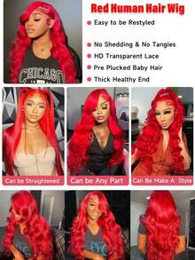 Red 250 Density 13x4 HD Transparent Lace Front Wigs Human Hair Body Wave Glueless Wigs Human Hair Put On And Go Wig For Women Brazilian Remy Red Colored Water Wave Lace Frontal Wigs Human Hair With Baby Hair - Đỏ - Xem 9