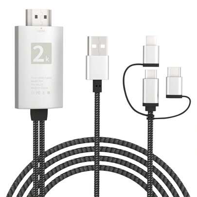 Lightning To HDTV Cable HDTV Adapter For Television Telephone To Television Adapter 2K 60Hz 1080P Digital Audio-Video Adapter 3-In-1 Synchronous Screen Connector HDTV Cable Compatible With Lightning, USB-C And Micro USB To HDTV Projector And Monitor