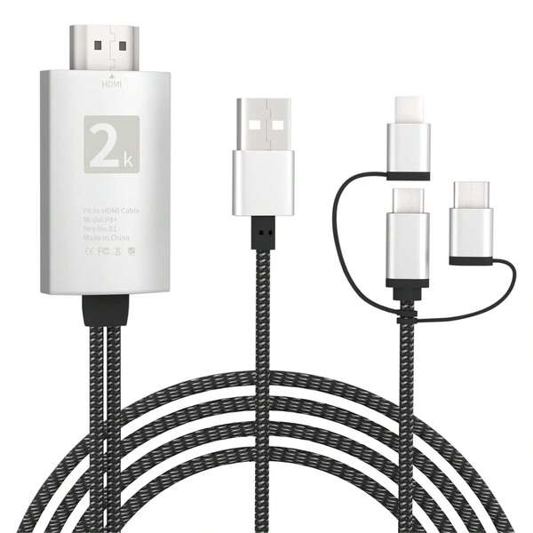 Lightning To HDTV Cable HDTV Adapter For Television Telephone To Television Adapter 2K 60Hz 1080P Digital Audio-Video Adapter 3-In-1 Synchronous Screen Connector HDTV Cable Compatible With Lightning, USB-C And Micro USB To HDTV Projector And Monitor