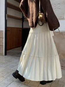 2025 Autumn/Winter New High Waist A-Line Flared Skirt, Knitted With Frill Trim, Slimming Design For Pear-Shaped Figure, Casual Umbrella Skirt - Apricot - View 4