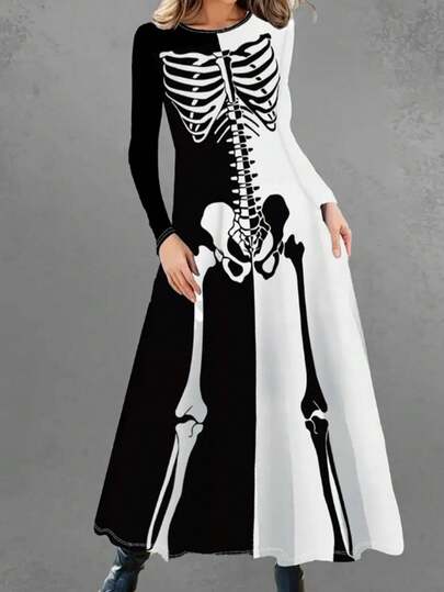 Women's Printed Long Sleeve Casual Color Block Dress - Mysterious Skeleton Pattern Dress, Black & White, Suitable For Theme Parties, Carnivals, Unique Design, Dark Theme Events