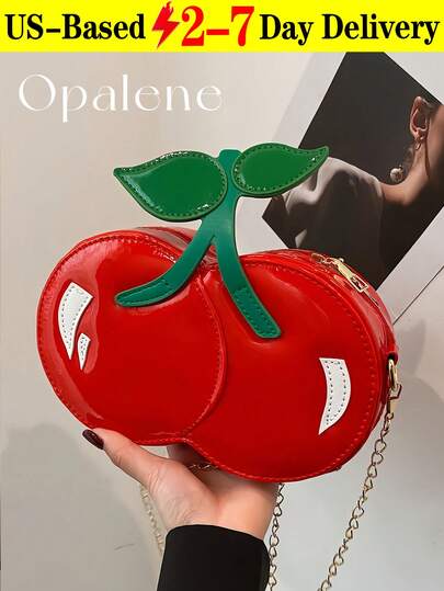 Cute Red Cherry Shaped Crossbody Bag For Women, Ladies Shoulder Bag Chain Strap Bag, Sweet Style Phone Pouch, Unique Design Fruit Bag, Color Contrast Cartoon Round Pouch, Irregular Shape Bag, Travel Essentials, School Supplies, Travel Accessories