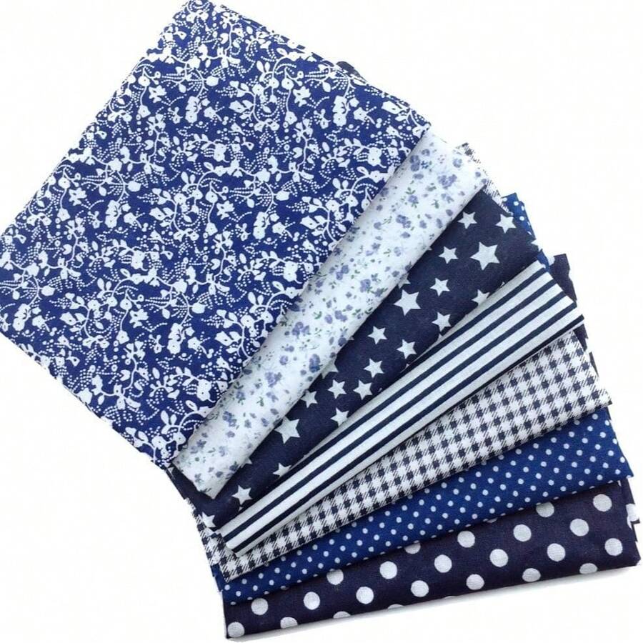 7pcs DIY Fabric Set - 19.7 Inch Squares, Assorted Patterns (Red Stars, Plaid, Floral, Polka Dots Etc.), Pre-Cut Polyester Fabric, Suitable For Sewing, Quilting And Scrapbooking Crafts - Navy Blue - View 1