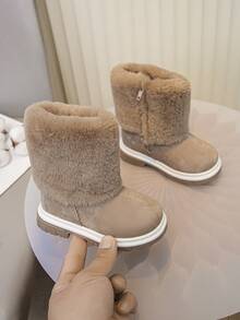 女童时尚可爱高筒人造毛皮雪地靴，柔软舒适保暖 - 卡其色 - 查看 1