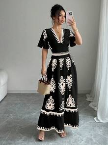 Mujeres Vintage Impreso Cuello en V Cintura Cincha A-Line Hem Vestidos,vestidos elegantes para dama - Negro - Ver 3