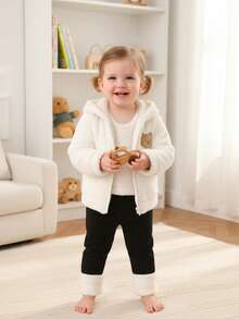3pcs Set, Casual Elegant Sweet Cute Baby Girl Clothes, Soft Comfortable Baby Girl Autumn/Winter Outfit, Cartoon Embroidered Teddy Bear Hooded Zipper Jacket Long Sleeve Coat, Solid Color Teddy Bear Vest And Patchwork Leggings Set, Suitable For Daily, Vacation, Party, Outing - Multicolor - View 10