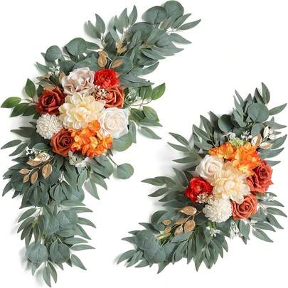 2 Packs Ponatia Artificial Peach Orange Wedding Flowers, Classic Style Plastic Floral Welcome Sign Decor And Arch For Wedding Reception, Ideal For Christmas, Valentine's Day, Mother's Day, Graduation, Floral Wreath Day,Christmas