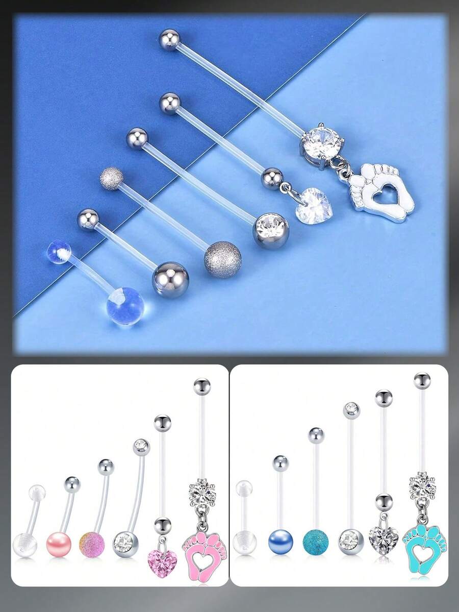 CIZME 6 piezas Anillos de botón del vientre de embarazo de plástico con barra larga, anillos de ombligo para mujeres embarazadas que practican deportes, flexible y transparente, con diferentes longitudes de barra y bolas de repuesto, 14G Anillo de botón del vientre de embarazo personalizado de acrílico transparente flexible de 14/18/25/32/35mm