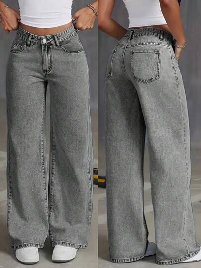 Jeans casuales de pierna recta larga de mujer en gris lavado, sin estiramiento, con detalles de bolsillo de moda y diseño con cordón, únicos para Halloween, Navidad, Año Nuevo, Acción de Gracias