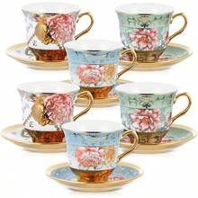 Set Of 12 Tea Cups And Saucers Tea Party Decorations Floral Porcelain 5.4 Oz British Women Birthday Party, And Mother's Day - 經典風格 + 6 - 查看 1