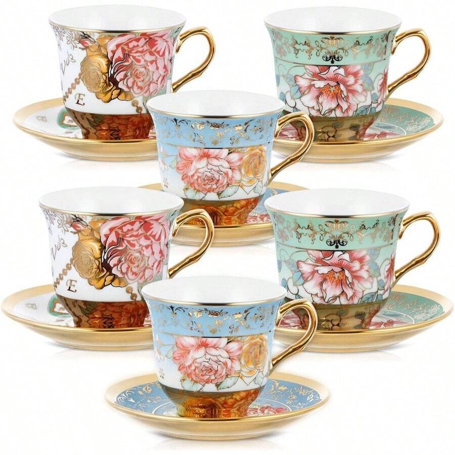Set Of 12 Tea Cups And Saucers Tea Party Decorations Floral Porcelain 5.4 Oz British Women Birthday Party, And Mother's Day - 經典風格 + 6 - 查看 1
