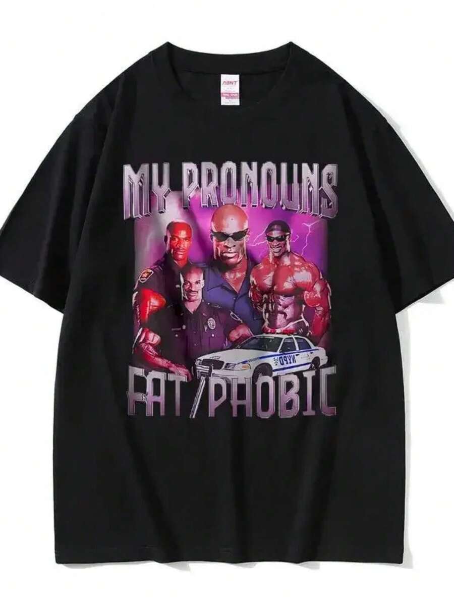 Funny My Pronouns Fatphobic Ronny Coleman Pump Cover Meme Graphic T-Shirt Summer Men Women Casual Pure Fitness Gym Tshirtgraphic - 黑色 - 查看 1