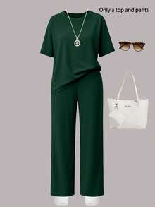 Women's Casual Solid Color Round Neck Short Sleeve Top And Elastic Waist Pocket Wide Leg Straight Pants 2 Piece Set, Lightweight Non-Sheer Polyester Fabric, Spring/Summer/Autumn - Green - View 2