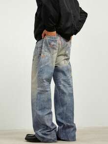 XINYINSU High Street Design amerikanischer Retro-Ketten 3D-Druck Inkjet Dreidimensionale verwaschen abgenutzt weite und bequeme Schlagjeans für Herren Halloween