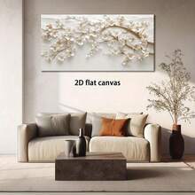 2D Flat, Abstract White & Golden Floral Wood-Framed Canvas Wall Art - Modern Minimalist Beige & Golden Large Horizontal Painting For Living Room, Bedroom, Office, Kitchen, Bathroom - Wood-Stretched Framed Wrapped Canvas, Neutral Home Decor, Housewarmin - 彩色 - 查看 3