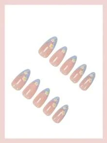 24pcs Medium Almond Shaped Nail Stickers, Leopard Print French Manicure, 3D Red Glitter Star Art Design, Retro Full Coverage Style, Suitable For Women And Girls Daily Wear - Xanh 2 - Xem 3