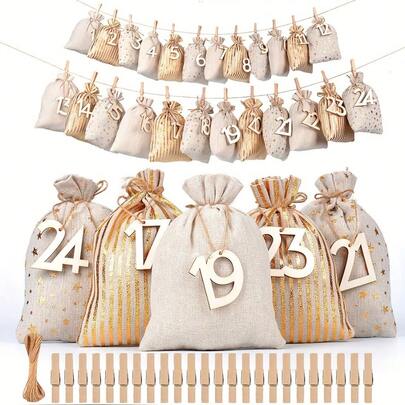 Christmas Advent Calendar Number Bags Christmas Gift Burlap Drawstring Bags DIY Countdown Advent Calendar Set With Rope And Clips For Christmas Home Decorations Gift