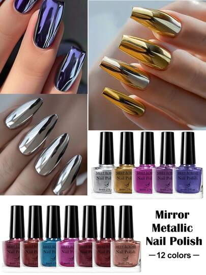 MEET ACROSS 8ml Quick-Dry Mirror Metallic Nail Polish, Super Chrome Effect, No-Bake, Long-Lasting, Lead-Free Glass Bottle Nail Art DIY For Home And Salon Manicure Nail Supplies
