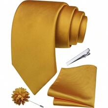 Solid Formal Tie And Pocket Square Plain Necktie Lapel Pin And Set For Men - 金色 - 查看 1