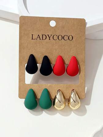 4 Pairs Fashionable & Cute Gold + Multi-Color Teardrop Earrings, Earring Set Suitable For Women's Daily Wear, Gift For Friends