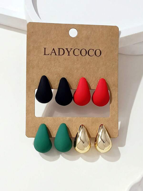 4 Pairs Fashionable & Cute Gold + Multi-Color Teardrop Earrings, Earring Set Suitable For Women's Daily Wear, Gift For Friends