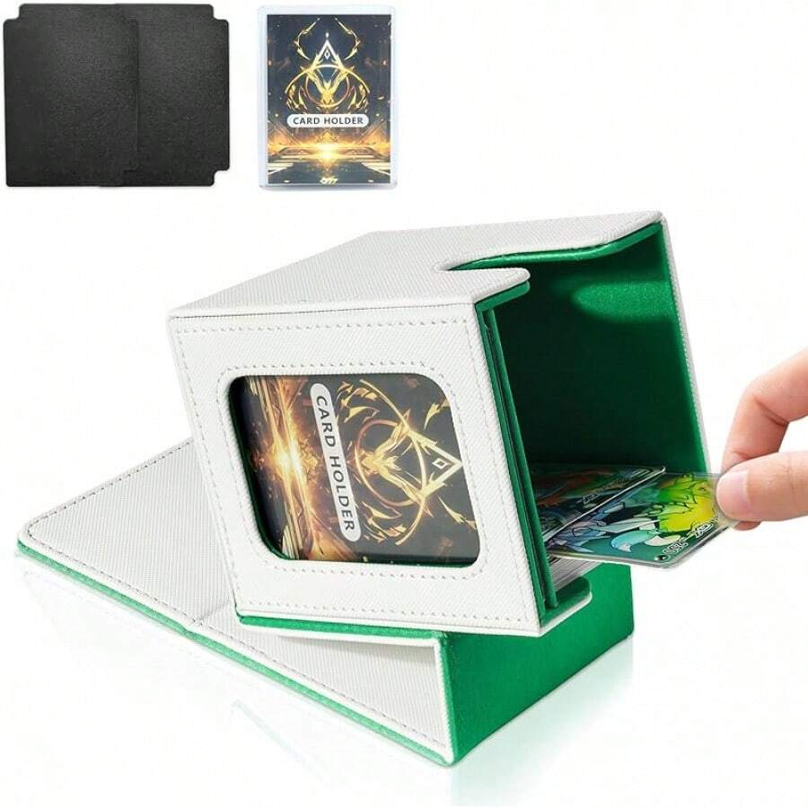 Magnetic Card Deck Box For TCG Storage, Holds 100 Double-Sleeved Cards - White & Green - View 1