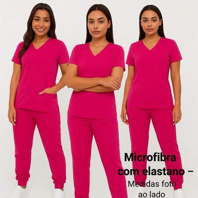 Conjunto de uniforme casual de microfibra, manga curta, gola V, liso, com bolsos e  elasticidade