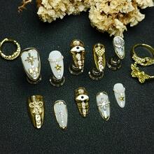 10pcs Gold 3D Decorative Press On Nails Handmade Acrylic French Y2K Style Milky White Nude Color Almond Full Coverage Fake Nail Set With Pearl Star Bow Moon Eye Cross Details Luxury Cute Press On Nails For Valentine's Day Gifts Easter Party Wedding Daily Wear Comes With Mini Nail File And Double Sided Adhesive Tabs - 白色 - 查看 2