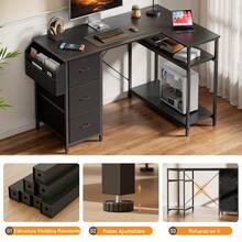 HLONONE Escritorio de 120/140 cm con 3 cajones de tela y bolsa de almacenamiento, escritorio de computadora de esquina con estantes para oficina y oficina en casa, 4 colores