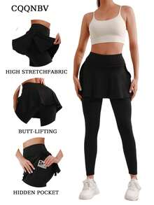 High-Rise Warm Yoga Leggings. Fleece-Lined And Warm. Casual Daily Yoga.   Specifically For Active Women, These High-Waisted Fleece-Lined Yoga Skort Pants Feature A Hidden Pocket For Daily Essentials. They Are Yoga Practice, Running, And Everyday Wear. - 黑色 - 查看 8