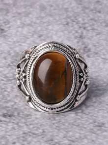 复古镀银虎眼石戒指，天然宝石复古节日风格戒指，多种颜色可选（条纹纹理各异） - 棕色 - 查看 14