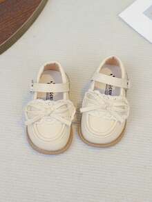 1 Pair Cute Beige Bow Infant Shoes, Soft Toddler Prewalker Shoes, Lace Decor English Style Baby Girl Shoes, Breathable Casual Princess Shoes, Outdoor Running Play Beige Leather Shoes For 1-5 Years Old Girls, Suitable For Home, Park, Social Occasions And More - Beige - View 2