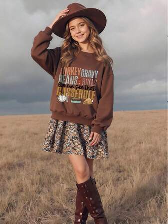 Tween Girls Young Girls Casual, Loose-Fitting Sweatshirt With A Letter And Food Print Design, Round Neck, And Long Sleeves; Perfect For Autumn, Back-To-School Season, And Everyday Wear.Kids Clothes Girl