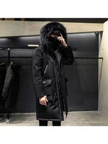 Autumn And Winter New Mid-Length Down Jacket For Men Winter Large Fur Collar Workwear Over The Knee Plus Velvet Thickened Warm Cold-Proof Coat - 黑色 - 查看 2