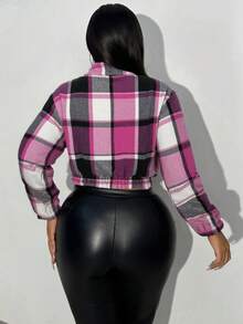 Chaqueta corta a cuadros de moda para mujer, otoño