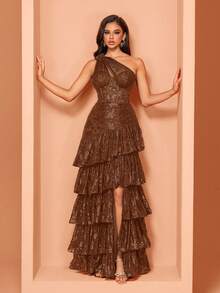 女式紧身胸衣鱼骨手工 3D 花朵刺绣亮片斜肩开衩 A 字型性感连衣裙可调节后肩带适合不同身材，优雅奢华的女士长裙，让女性更年轻、更迷人，适合各种派对、毕业典礼、婚礼、活动和各种宴会舞会、正式舞会礼服、婚礼宾客礼服、晚礼服（豪华版） - 鏽棕色 - 查看 2