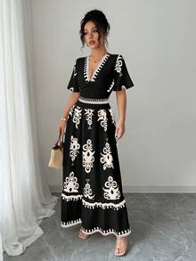 Mujeres Vintage Impreso Cuello en V Cintura Cincha A-Line Hem Vestidos,vestidos elegantes para dama - Negro - Ver 4